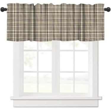 Imagem de Cortinas Check Valance marrom dourado bege preto xadrez padrão retrô tratamento de janela cortinas curtas varão bolso drapeado para cozinha, café, sala de jantar, decoração de casa de fazenda, 137 x