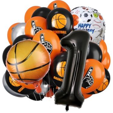 Imagem de Balões de basquete, balões de número preto, bolas de basquete laranja pretas impressas e balão de látex prateado (número 1)