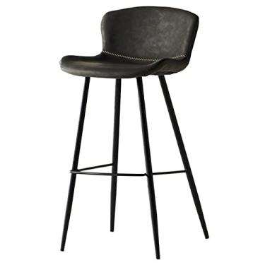 Imagem de AkosOL Banqueta de bar retrô de metal com encosto, banquetas de bar de recepção de salão de beleza, assento de couro Crazy Horse, apoio para os pés e pernas de aço carbono, 75 cm, preto
