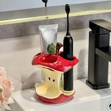 Imagem de Suporte de escova de dentes de frutas vermelhas de cerâmica, organizador de banheiro com 3 compartimentos, acessório de bancada com design de núcleo de fruta vermelha, suporte vitrificado para escovas