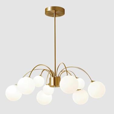 Imagem de Lustre moderno estilo fazenda dourado para sala de jantar, lustre Sputnik de meados do século com cúpula de vidro branco leitoso para sala de estar, cozinha, ilha e quarto (9 luzes)