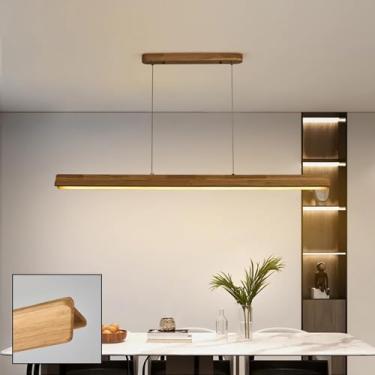 Imagem de Luminária pendente de madeira com LED, estilo moderno, linear, para ilha de cozinha, sala de jantar, sala de estar, mesa de jantar, escritório, bar, com altura ajustável (80 cm).