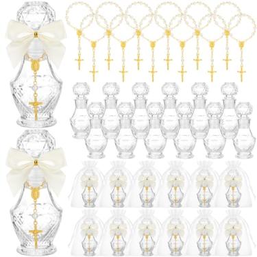 Imagem de Chuangdi 12 conjuntos de garrafas de água benta lembrancinhas de batismo para convidados, garrafa sagrada católica com rosário cruzado, recipiente de água de vidro vazio de 50 ml para comunhão, igreja