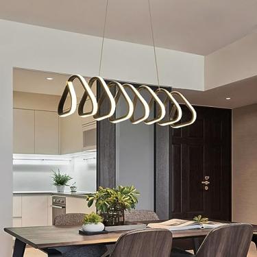 Imagem de Luminária pendente LED moderna para mesa de jantar, com design linear, na cor preta, com intensidade de luz ajustável e controle remoto. Ideal para sala de jantar, escritório, sala de estar