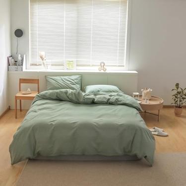 Imagem de SDAPNAY Conjunto de capa de edredom 100% algodão lavado, confortável, texturizado, com fecho de zíper e laços de canto (verde) (verde, casal)