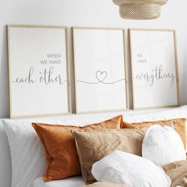 Imagem de 3 peças When We Have Each Other We Have Everything Impressão em tela Pôster Pintura Coração Linhas Imagens para Casa Fazenda Acima da Cama Decoração de Quarto Principal com Moldura Interna de Madeira