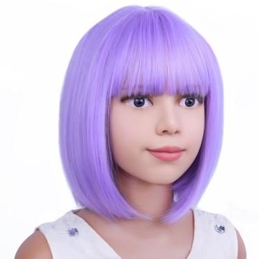 Imagem de PATTNIUM Peruca infantil roxa infantil bob peruca curta roxo claro perucas para meninas lavanda roxo cabelo bob cosplay festa sintética rosa rede perucas de uso diário