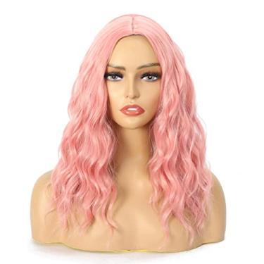 Imagem de Perucas de cosplay rosa para mulheres, perucas curtas onduladas, parte média, fibra resistente ao calor, aparência natural