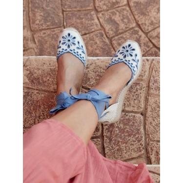 Imagem de Sandália Anabela Baixa Romero Lona Bordada Azul - Alhamas, Azul jeans,