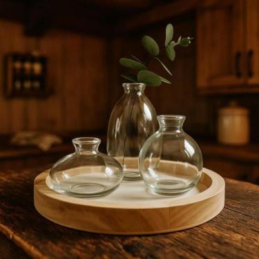 Imagem de Centro De Mesa Moderno Trio De Vasos Vidro E Base Madeira - Mai Home