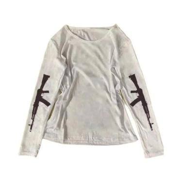 Imagem de Camiseta Feminina Branca De Manga Longa Estampada Y2K Outono Inverno V