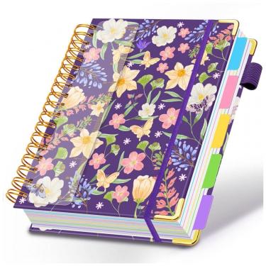 Imagem de Caderno universitário espiral HDhuiun 8x10, 5 matérias, 300 páginas pautadas, divisórias com bolsos e abas, capa floral roxa
