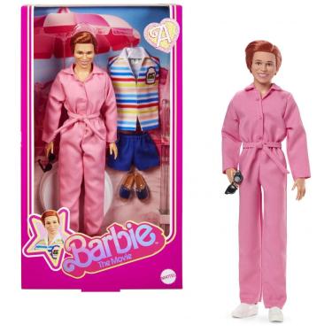 Imagem de Boneco Barbie The Movie Allan Michael Cera colecionável com macacão rosa e look praia listrado 2025