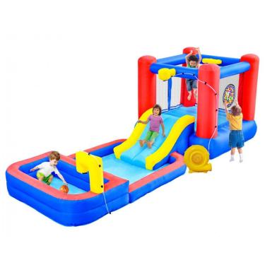 Imagem de Parque Aquático Inflável com Sprinklers, Toboágua Aquático, Cestas de Basquete, Alvo de Dardos e Piscina Profunda WELLFUNTIME