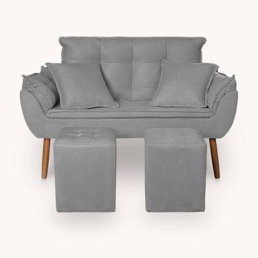 Imagem de Kit Poltrona Decorativa Namoradeira 2 Puffs Quadrado E 2 Almofadas Suede Cinza Claro - Lm Decor
