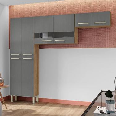 Imagem de Cozinha Compacta Nala 8 Portas MDP 222cm Cinza Freijó com 4 Prateleiras e Vidro Reflecta
