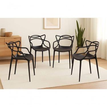Imagem de Cadeira Allegra de Jantar Estrutura em Plástico 4 Unidades Empilháveis Preta para Sala e Varanda