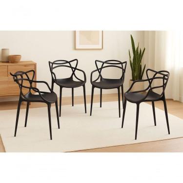 Imagem de Cadeira Allegra de Jantar Estrutura em Plástico 4 Unidades Empilháveis Preta para Sala e Varanda