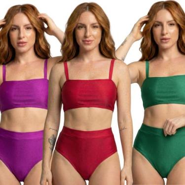 Imagem de KIT 3 Biquíni Cropped Hot Pants Top Faixa Liso Bella Fiore Cintura Alt