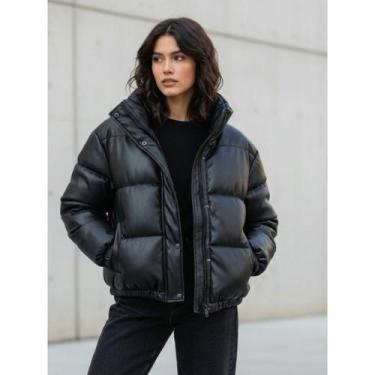 Imagem de Jaqueta Puffer Couro Feminina com Capuz Casaco Térmico - Mitchell, Pre