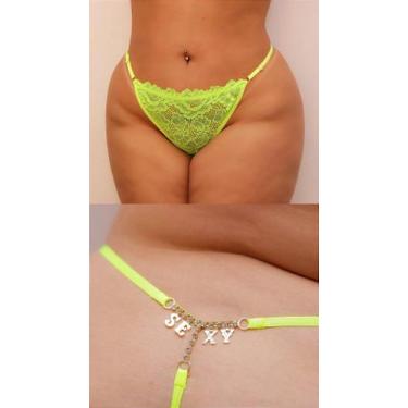 Imagem de Calcinha em Renda Fio com Strass e Escrita Amarelo Neon Plus Size - Ni