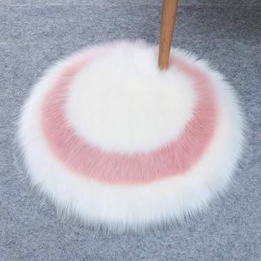 Imagem de Tapetes redondos falsos, tapete macio de pelo longo, padrão circular, antiderrapante, lavável para sala de estar, quarto, escritório, banheiro, varanda, sofá infantil, almofada para pés, branco, rosa