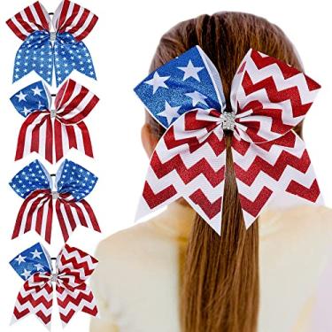 Imagem de Nishine 4 peças de 20 cm para meninas, bandeira americana, fita de glitter, laço de cabelo para torcida, 4 de julho, dia da independência, rabo de cavalo, laços de cabelo (tipo A-4 peças)