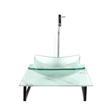 Imagem de KIT CUBA DE VIDRO QUADRADA 10MM INCOLOR COM TAMPO DE VIDRO 40CM X 40CM MÁRMORE BRANCO E SUPORTE TORNEIRA VALVULA