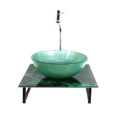 Imagem de KIT CUBA DE VIDRO REDONDA 10MM COM TAMPO DE VIDRO 40CM X 40CM MÁRMORE VERDE E SUPORTE TORNEIRA VALVULA