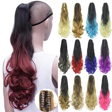 Imagem de IMISSU Extensões de cabelo de rabo de cavalo cacheado cor ombré grampo de rabo de cavalo em peruca (Ombre Borgonha)