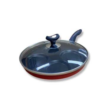 Imagem de Frigideira Teflon Vermelha 4 Ovos/hamburgueres Antiaderente com Tampa de vidro Cavidades Rubi