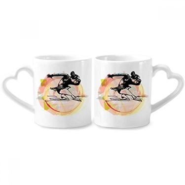 Imagem de Conjunto de canecas de porcelana para casais com ilustração em aquarela para esportes de inverno e coração