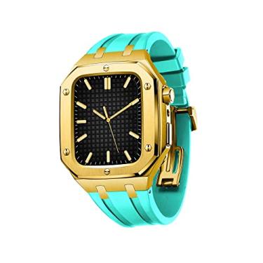Imagem de MAALYA Pulseira de silicone à prova de choque para série IWatch 7/SE/6/5/4 pulseira de relógio estilo casual de negócios homens mulheres capa de metal militar para pulseira de relógio Apple 45mm 44mm (cor: dourado lago verde, tamanho: 4