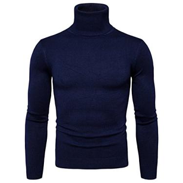 Imagem de Elonglin Suéter masculino básico de malha com gola rolê pulôver de algodão leve outono inverno, Dark Blue, M