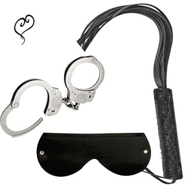 Imagem de Kit Love de Algemas Chicote e Máscara dos Amantes BDSM Couro Eco Preto