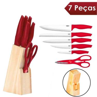 Imagem de Conjunto de Facas Brinox Cross Cepo 7 Peças Inox Vermelho