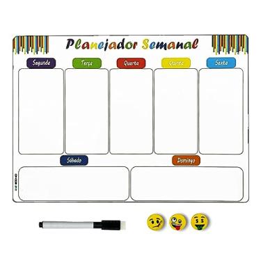 Imagem de Imã De Geladeira Porta Recado Planejador Semanal Magnético Com Caneta apagador e Imãs Emoji