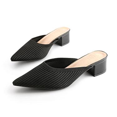 Imagem de TIJN Mules de bico fino para mulheres sandálias grossas de salto baixo sandálias de malha respirável sem cadarço (Helka), Preto, 6