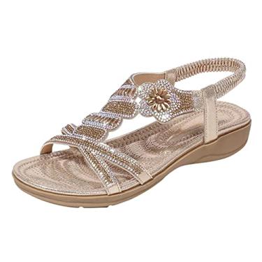 Imagem de Sandálias femininas com tiras sapatos sandálias chinelos fivela para mulheres verão flip feminino cunha confortável sandálias para, Dourado, 9
