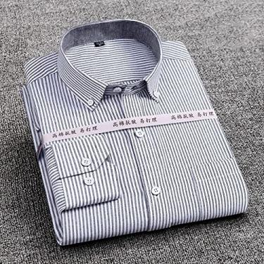 Imagem de Camisa masculina listrada xadrez Oxford manga longa confortável gola respirável botão design slim fit vestido masculino Y-6 listra cinza, 43-4GG