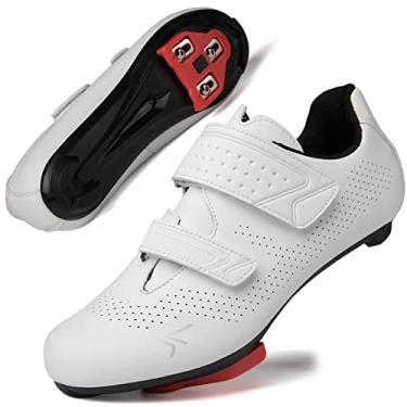 Imagem de ULTIANT Sapatos de ciclismo masculinos e femininos compatíveis com Peloton & Look Delta/SPD Chuteiras Peloton Sapatos de bicicleta de estrada, Branco com grampos, 15 Women/12.5 Men