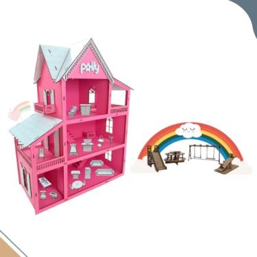 Imagem de Casa de Boneca Genérica + Kit 19 Móveis MDF Acompanha Parquinho Brinquedos Infantil