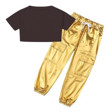 Imagem de SANGTREE Conjunto de 2 peças para meninas, camiseta e calça cargo com cordão, 4 a 14 anos, Preto + ouro, 6-7 Anos