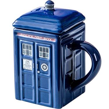 Imagem de LUCYLANKER Caneca de cerâmica Doctor Who Tardis Police Box com tampa, caneca de café quadrada de cerâmica, comporta 450 ml do seu café , chá ou outra bebida, presente criativo engraçado
