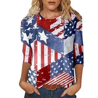 Imagem de Camiseta feminina bandeira americana 4 de julho Dia da Independência Top Patriótico Star Stripes Gráfico Manga 3/4 Túnica Gola Redonda, Azul, G