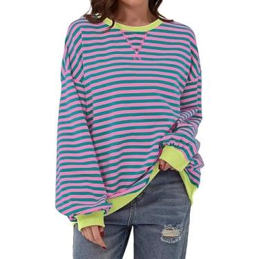 Imagem de 70ILYUHS Moletom feminino listrado gola redonda Color Block camisa de manga longa casual pulôver top primavera roupas Y2K, Rosa, verde, G