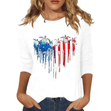 Imagem de Camiseta feminina com gola redonda e manga 3/4, bandeira americana, patriótica, túnica de 4 de julho, ajuste pulôver, Branco, M