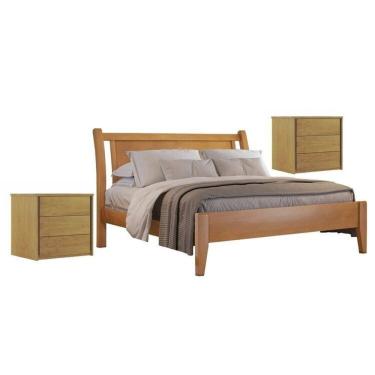 Imagem de Conjunto Quarto de Casal Cama Queen Madeira Maciça e 2 Mesas de Cabeceira 3 Gavetas Unique Amêndoa Mel