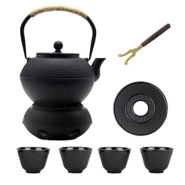 Imagem de YJX Conjunto de bule de chá de ferro fundido de 1,15 g com aquecedor, conjunto de chá japonês para fogão, bule de chá preto de 1200 ml, chaleira com infusor para folhas soltas, conjuntos de bule de