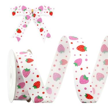 Imagem de Fita de gorgorão vermelho e rosa pastel com bolinhas no fundo branco, fita de gorgorão, fita de frutas de 2,5 cm x 20 metros para grinaldas de primavera e verão, artesanato, acabamentos, fabricação de